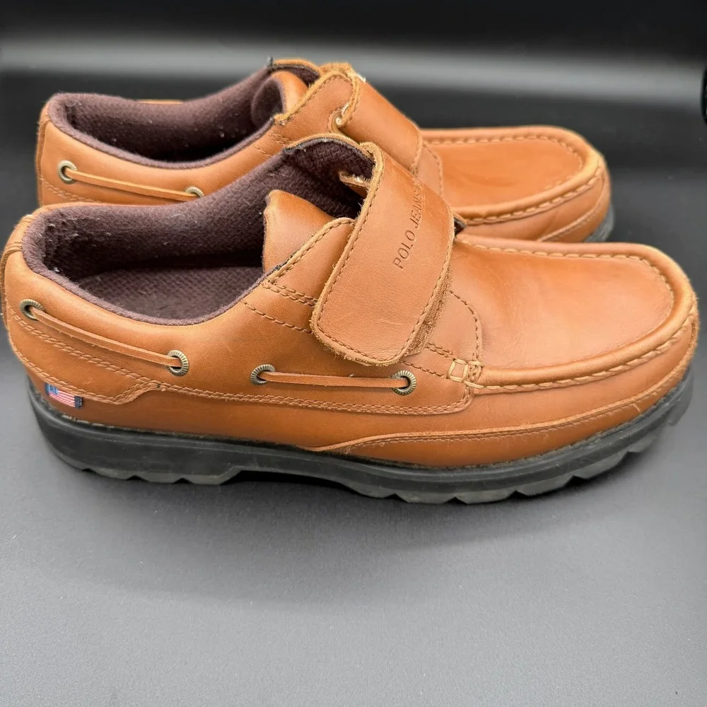 Polo Jeans Co Ralph Lauren Mens 11D Tan Leather Boat Shoes Hook Loop Strap